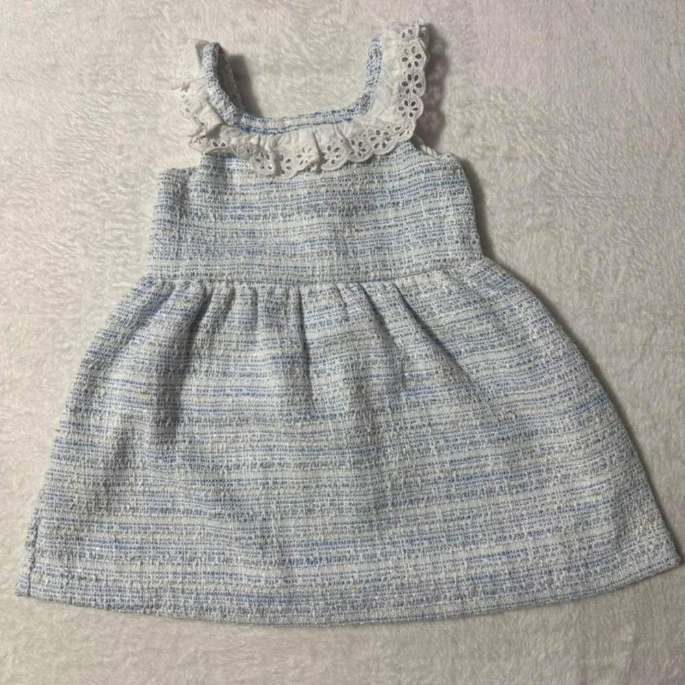 Janie and Jack Tweed Dress Kids Size 3 Blue White Eyelet Lace Metallic Gold